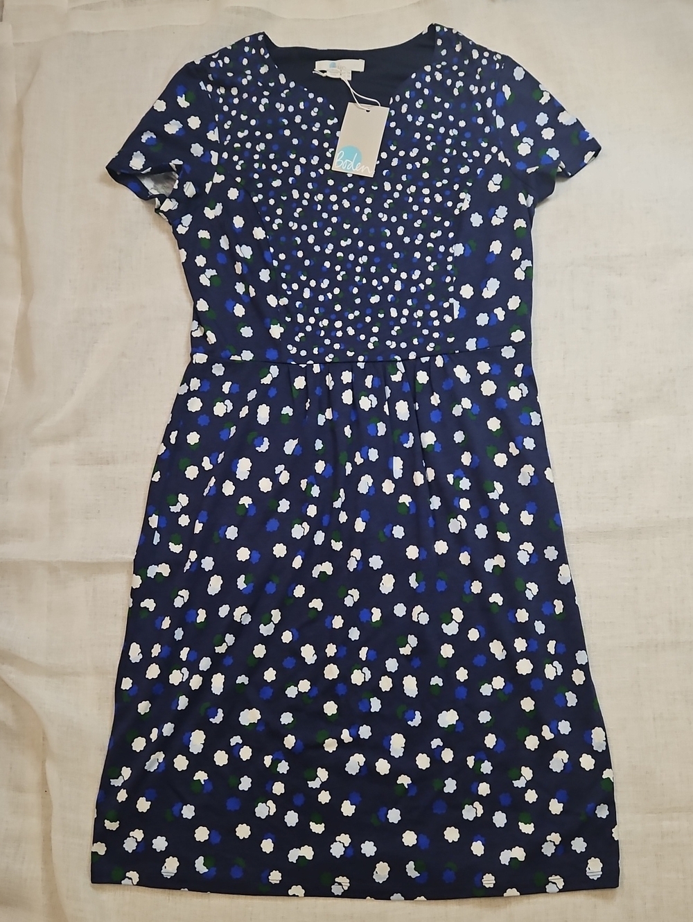 Boden Navy Floral Short Sleeve Dress with White & Blue Accents